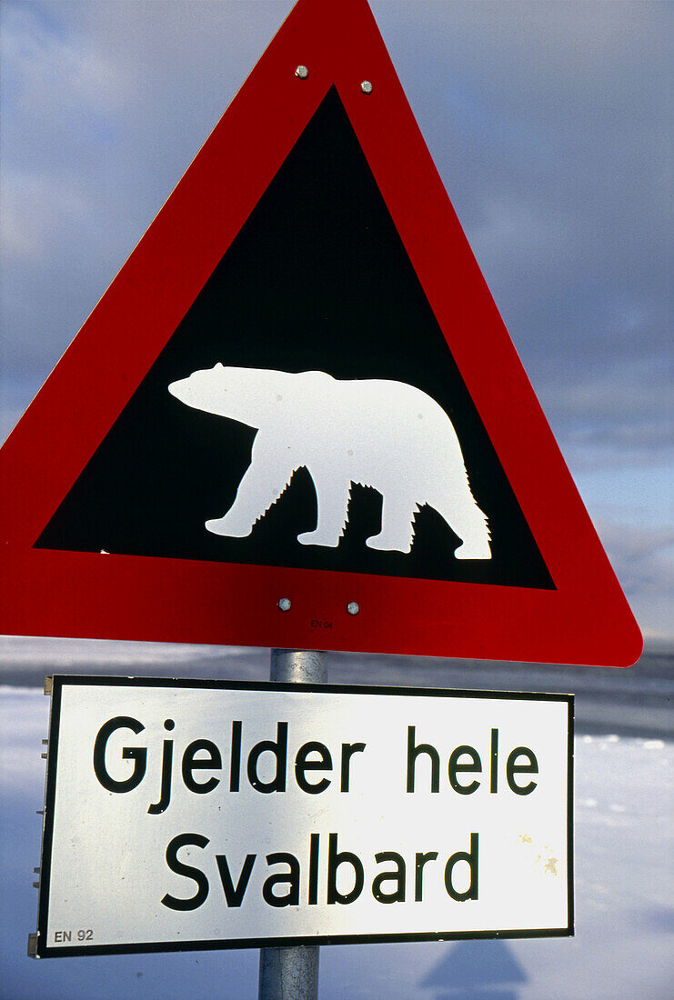 Beware of polar bears sign Longyearbyen Spitsbergen Island Svalbard Norwegian Arctic