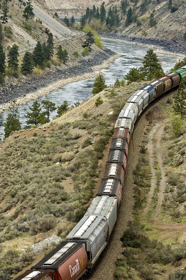 Thompson River canyon and freight train