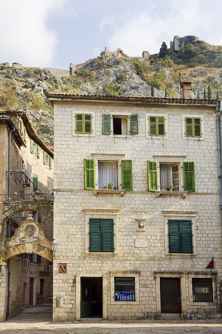 The medieval walled village of Kotor, Montenegro with fortress on Lake Kotor