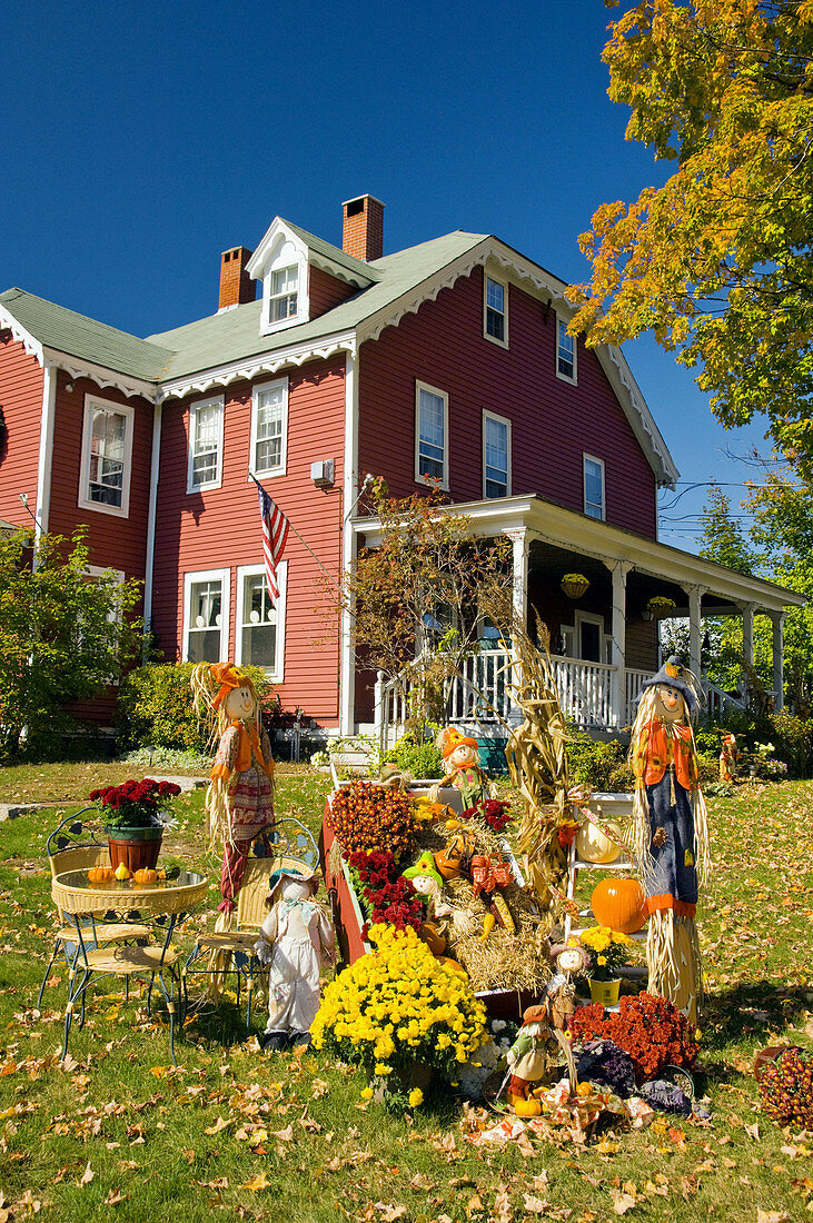 Autumn yard decor with pumpkins, corn stalks and scarecrows at the Old Red Inn and Cottages in North Conway, New Hampshire, USA