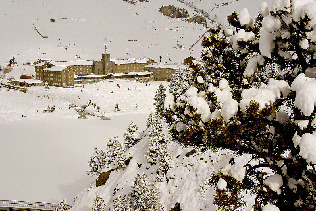 Sanctuary of the Virgin of Nuria, Valley of Nuria, Pyrenees Mountains. Girona province, Catalonia, Spain