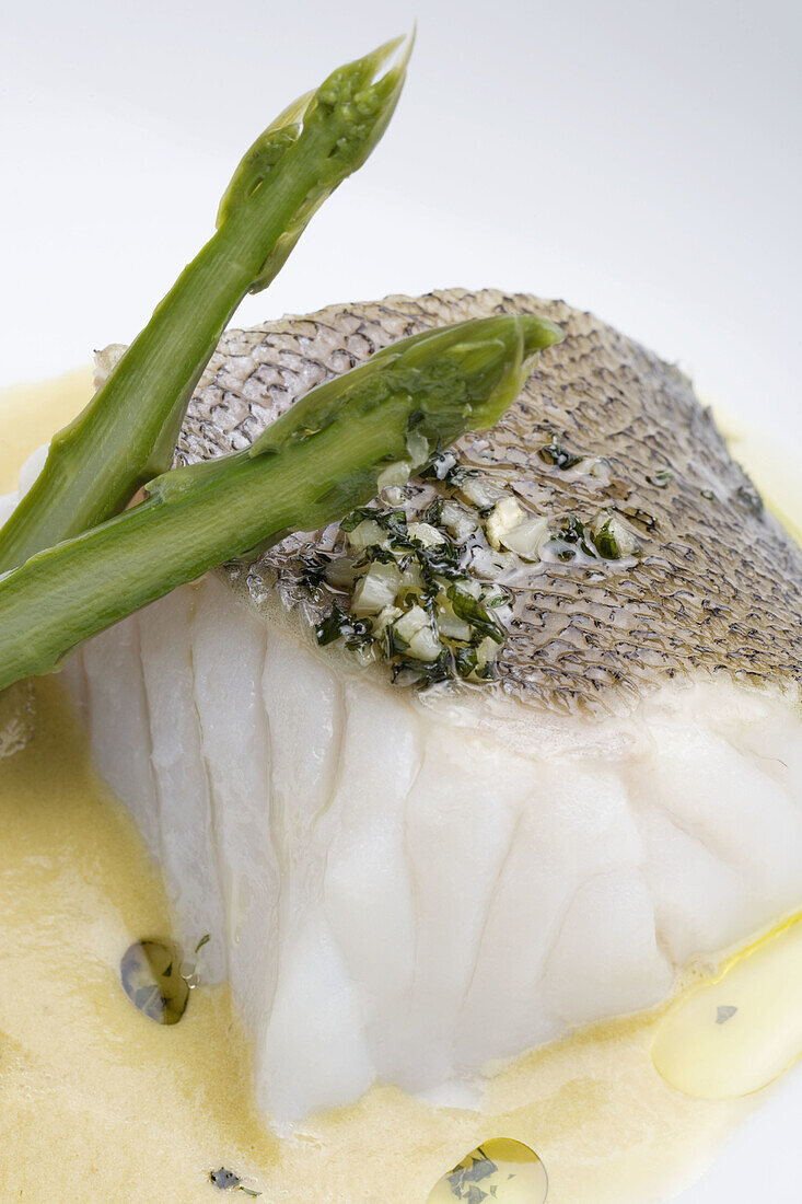 Sea bass with emulsion of olive oil at restaurant Allo e Aceite by chef Pablo Romero, Marin. Pontevedra province, Galicia, Spain