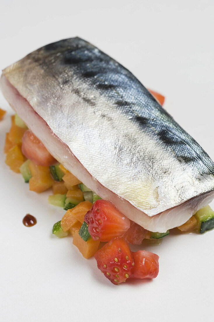 Marinated mackerel with strawberries and vegetables at restaurant Maruja Limon by Rafael Centeno, Vigo. Pontevedra province, Galicia, Spain