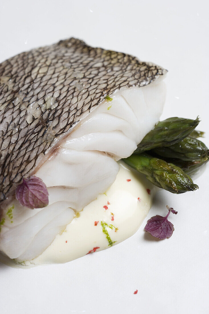 Grouper with lime mousseline sauce and asparagus at restaurant Maruja Limon by Rafael Centeno, Vigo. Pontevedra province, Galicia, Spain