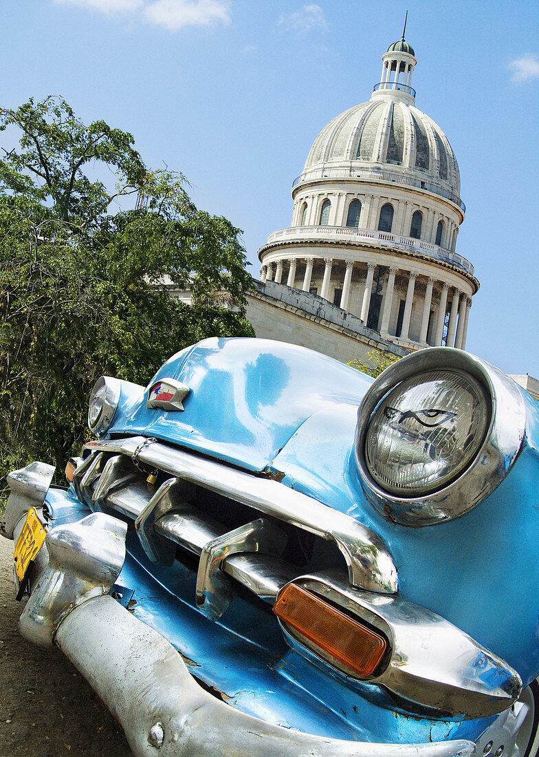 Capitol building and old car, Havana. Cuba