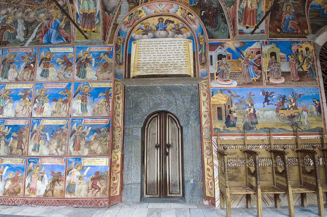 Rila monastery, frescos on the outer wall of Mary`s Birth Church, Bulgaria