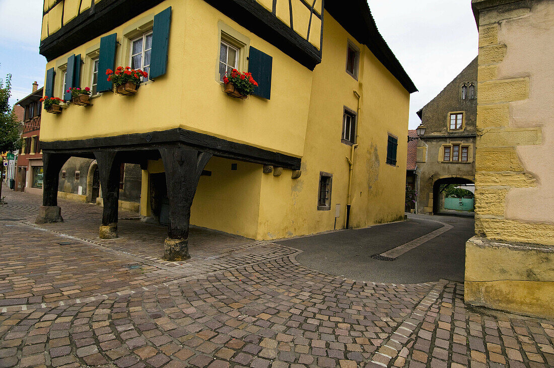 Old framework house, cobblestone, medieval townscape, Rouffach, Alsace, France