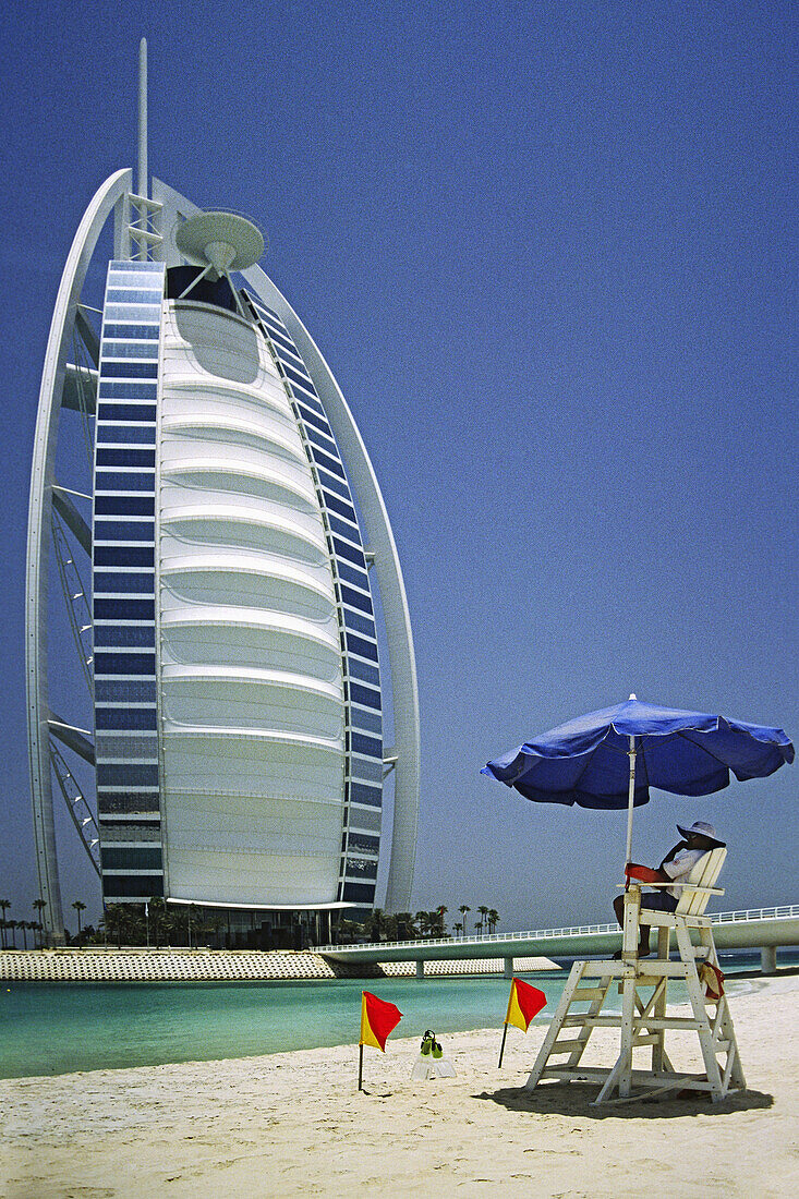 Lifeguard on duty near the Burj Al-Arab, 7 Star luxury hotel, Jumeirah Beach, Dubai, United Arab Emirates