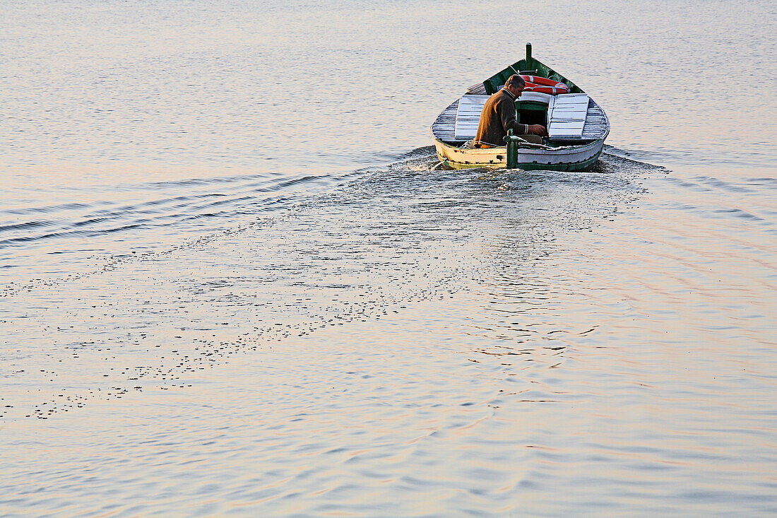 Front view of man driving a boat in La Albufera of Valencia.