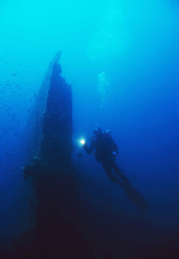 Diver at ship wreck in front of the Tarifa coast. Cadiz province, Andalucia, Spain