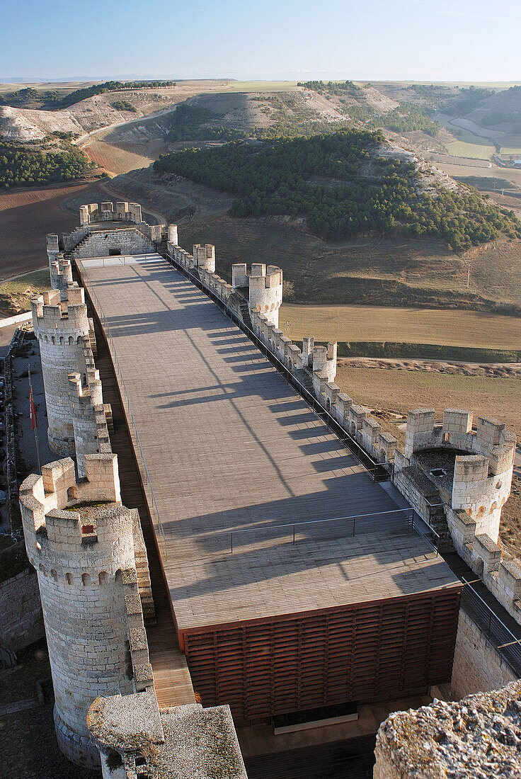 Up view of the east part of the Peñafiel castle and surrounding field, Valladolid, Castilla Leon, Spain
