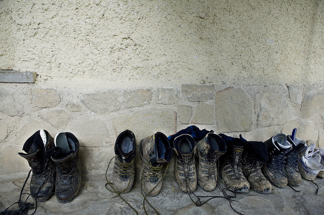 Shoes at pilgrims hostel, Puente la Reina. Navarra, Spain