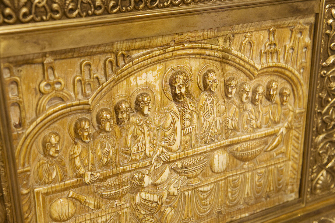 Relief, shrine with the remains of Saint Aemilian in the Yuso monastery, San Millan de la Cogolla. La Rioja, Spain