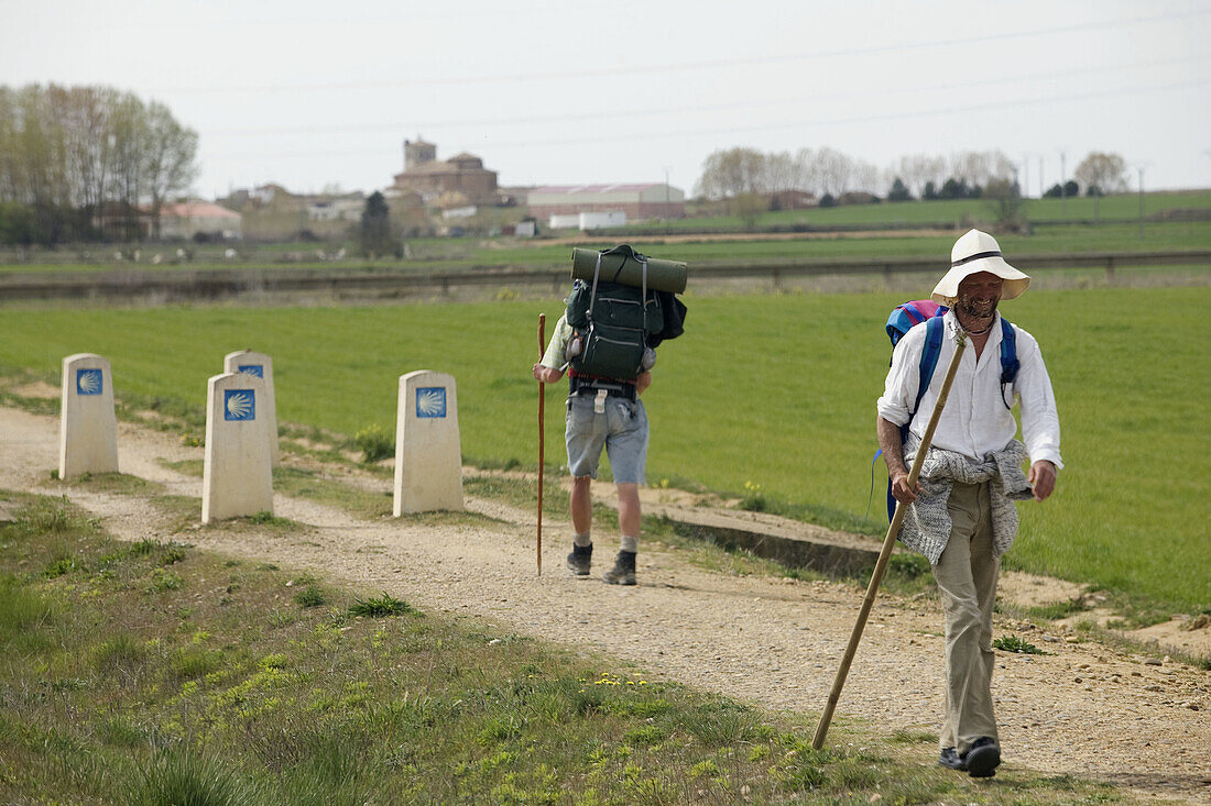 Pilgrims on the Way of St James, Fromista. Palencia, Castilla-Leon, Spain
