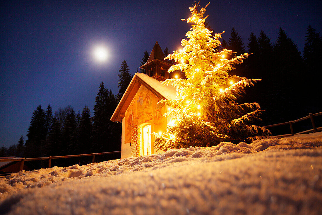 Little chapel with christmas tree at night, Elmau, Bavaria, Germany