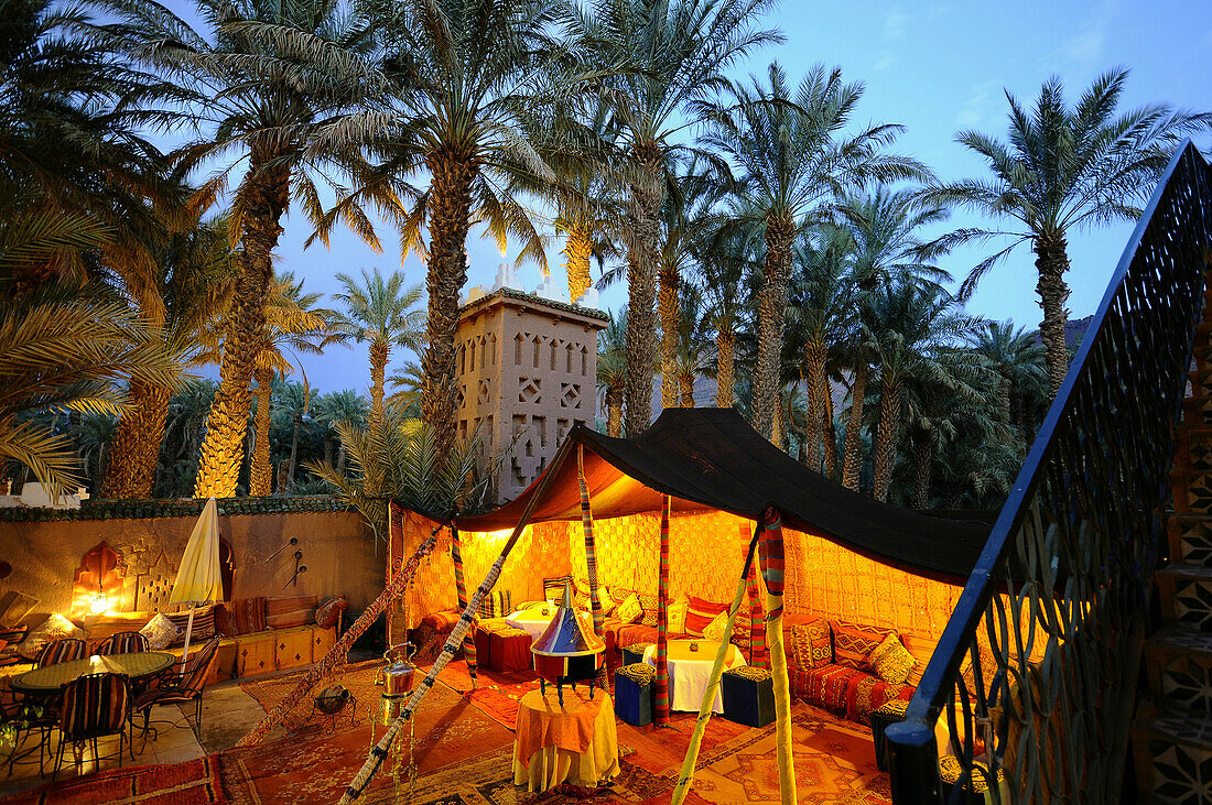 Illuminated tent at Hotel Asmaa, Zagora, Draa valley, South Morocco, Morocco, Africa