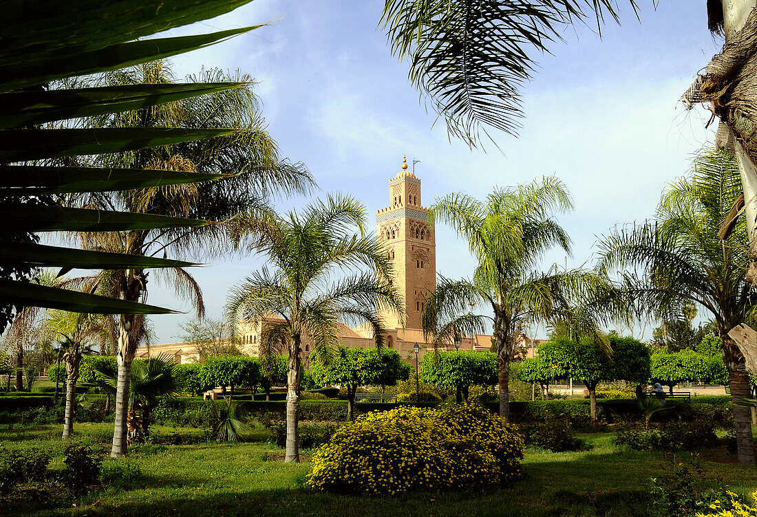 Minarett der Koutoubia Moschee hinter Palmen, Marrakesch, Süd Marokko, Marokko, Afrika