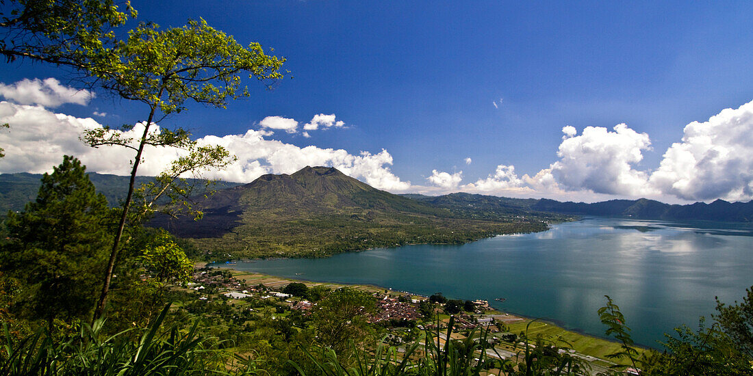 Panoramic view to Lake Batur and Gunung Batur from viewpoint Penelokan , Bali Indonesia