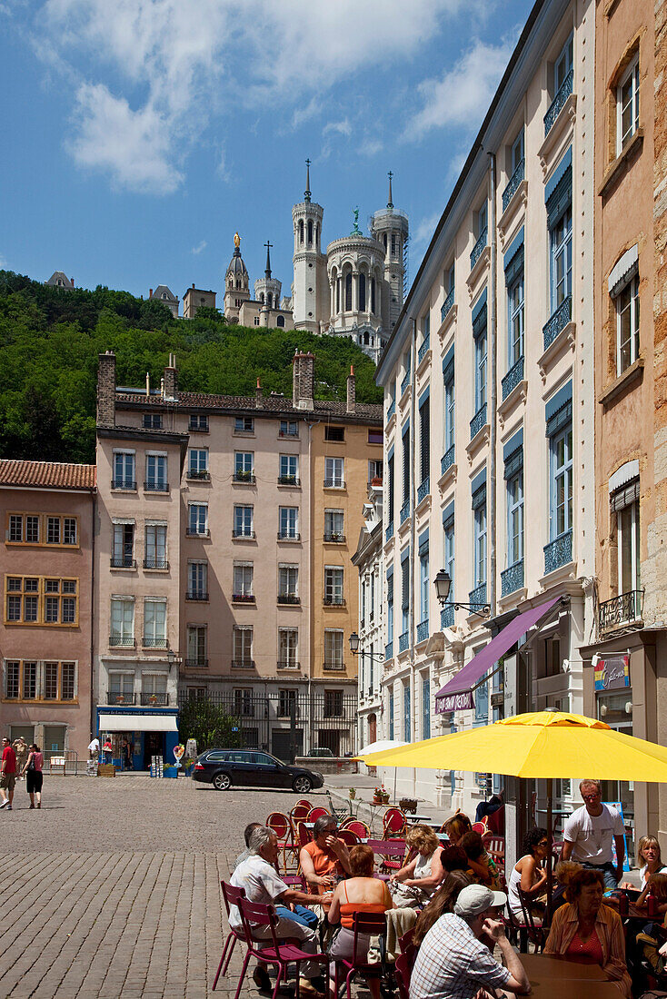 Place de Cathedrale St. Jean, street cafe, background Notre Dame de Fourviere , Lyon, Rhone Alps,  France