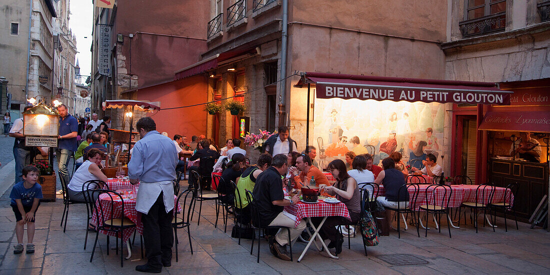 Street Restaurants at Old City Center  Vieux Lyon, UNESCO World Heritage Lyon, Rhone Alps,  France