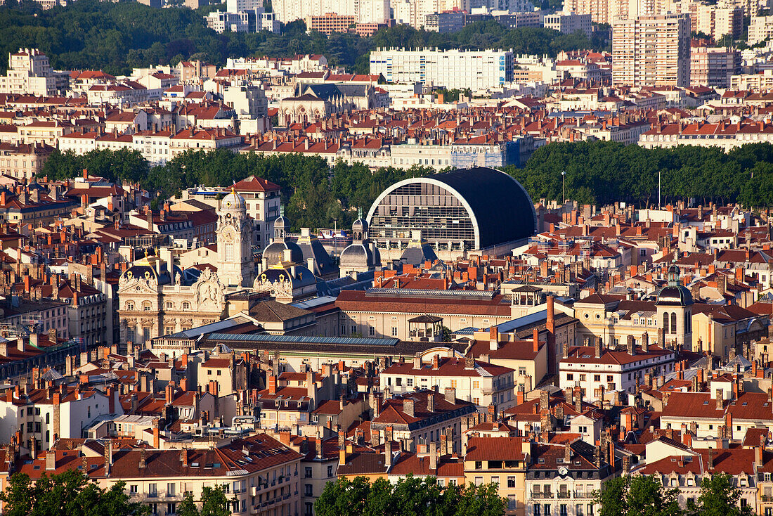 Panoramic view from Viewpoint of Notre Dame de Fourviere hill,Hotel de Ville, Opera,   Lyon, Rhone Alps,  France