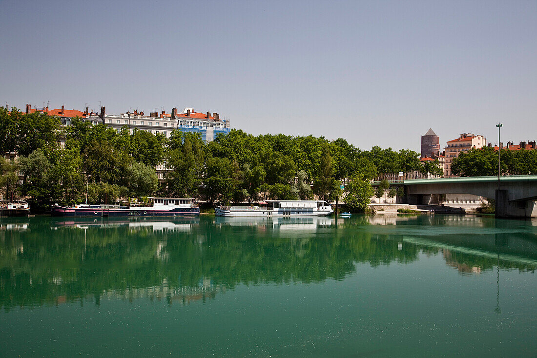 Rhone riverside, house boats,  Lyon, Rhone Alps,  France