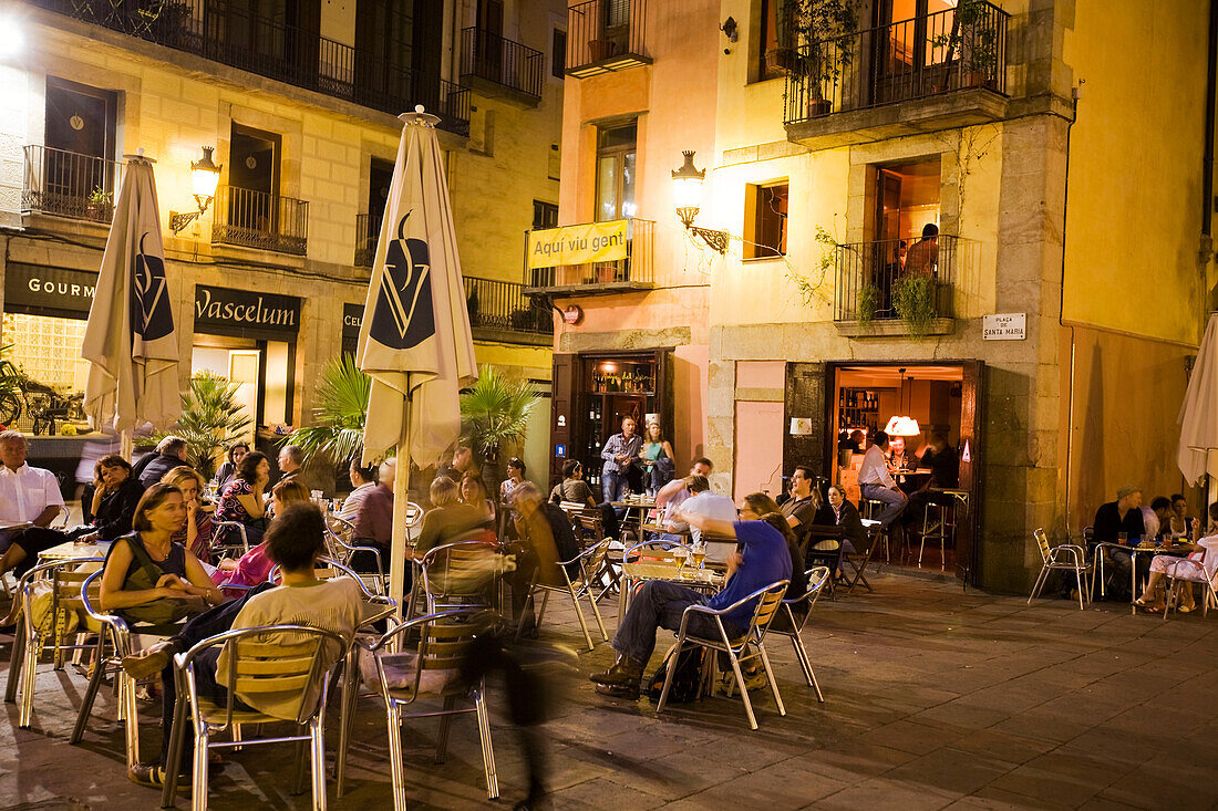 Plaza de Santa Maria,street cafes in the evening,La Ribera,Barcelona