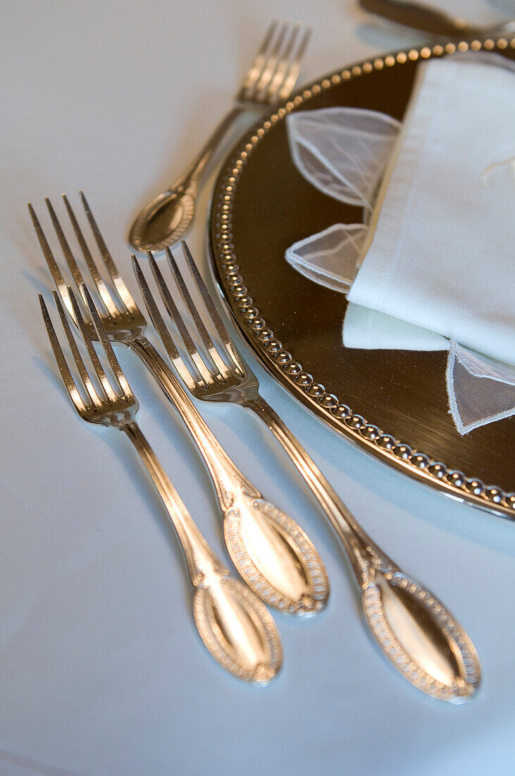 Detail of forks and plates, restaurant Trenkerstube, Hotel Castel, Dorf Tirol near Meran, South Tyrol, Italy