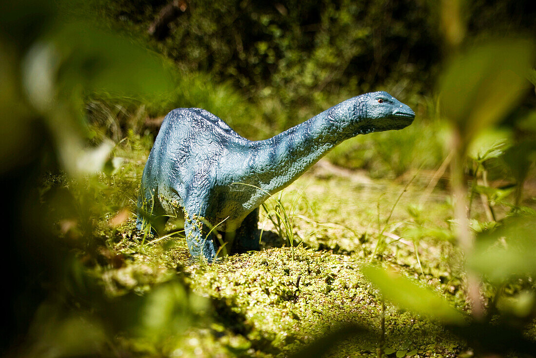 Toy apatosaurus in a geen scenery