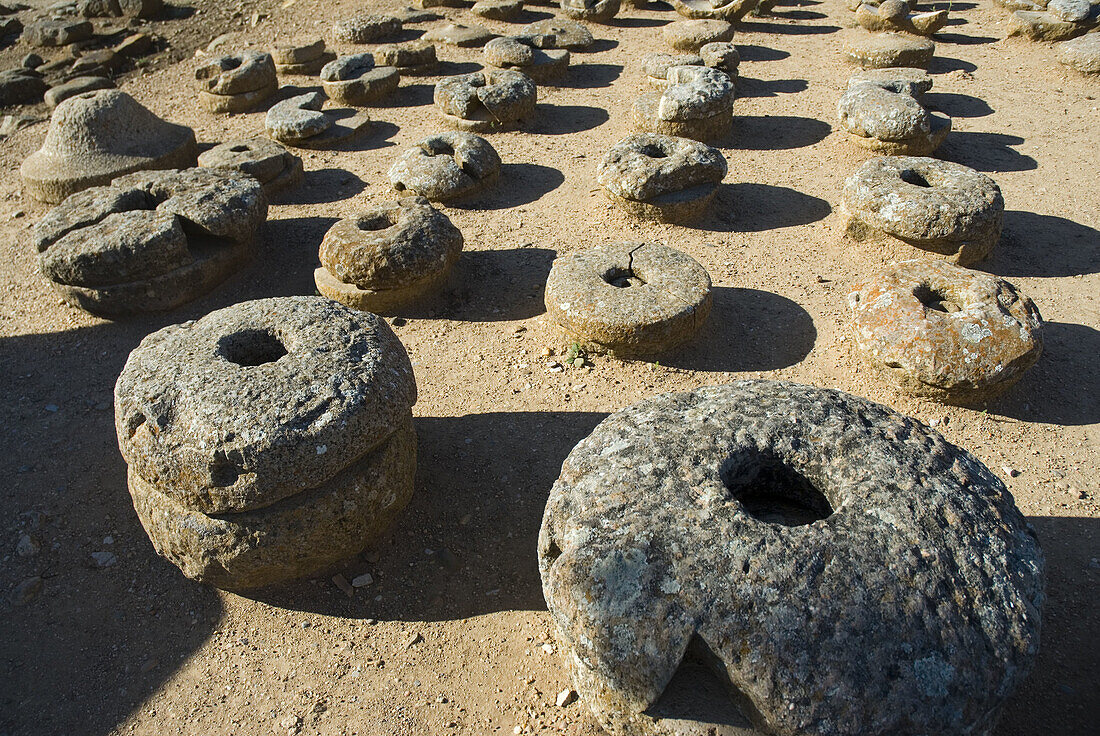 Stone mills, ruins of the town of Numancia (Numantia), Roman section. Near Garray, Soria province, Castile-Leon, Spain