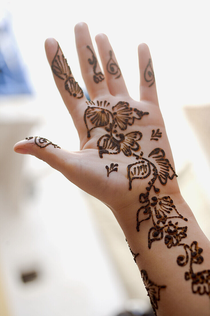 Henna on feminine hand, Essaouira, Morocco