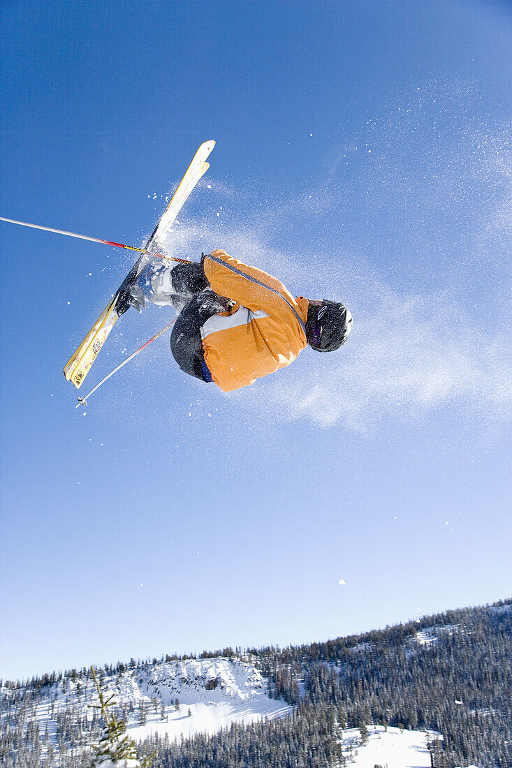 Man in ski jump, Near Sun Valley, Idaho, USA.