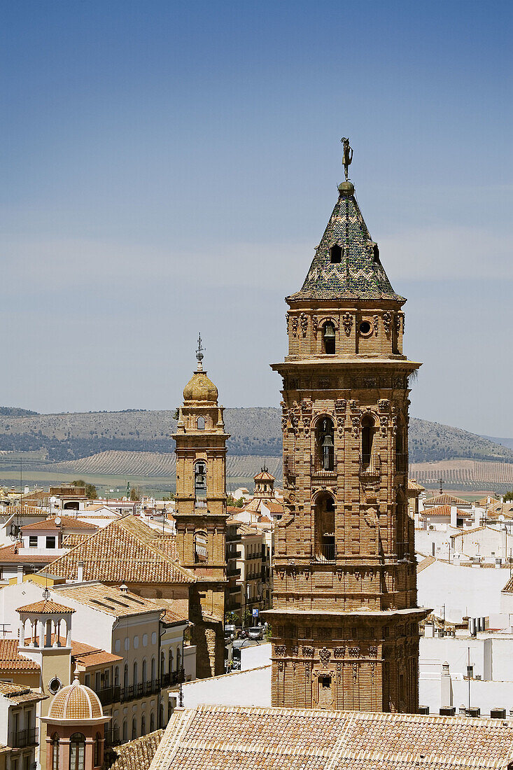 Belfry of St Sebastian collegiate church and St Augustin church, Antequera. Malaga province, Andalucia, Spain