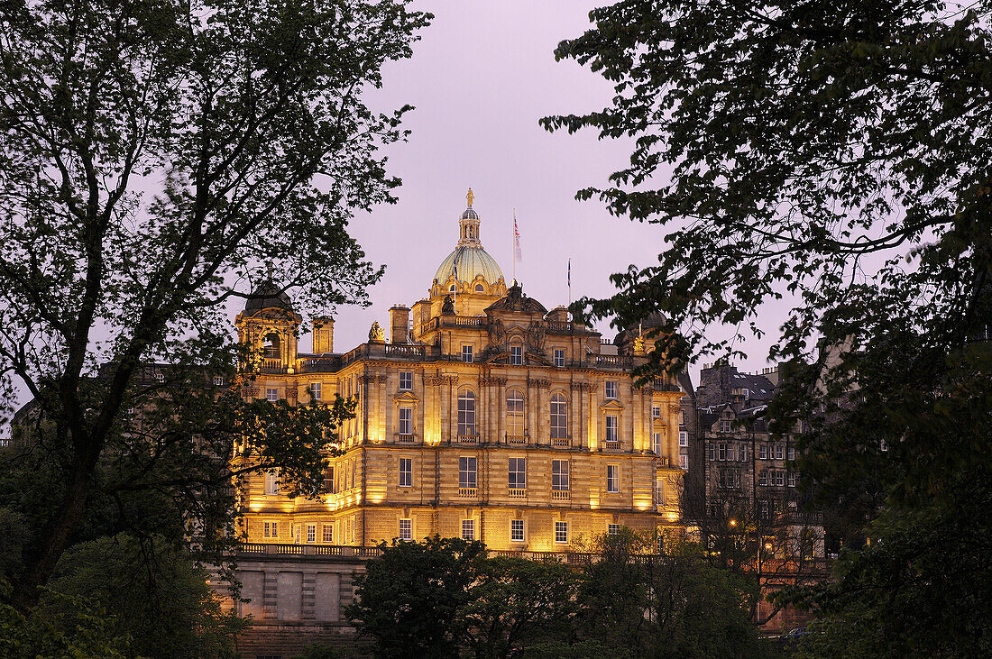 Bank of Scotland at dusk, Edinburgh. Lothian Region, Scotland, UK