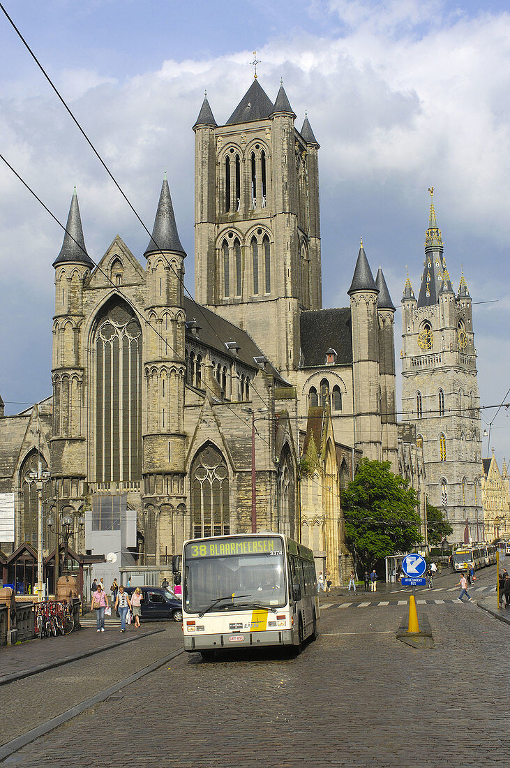 St  Nicholas Church and Lakenhalle from St  Michaels bridge  Ghent  Flanders  Belgium