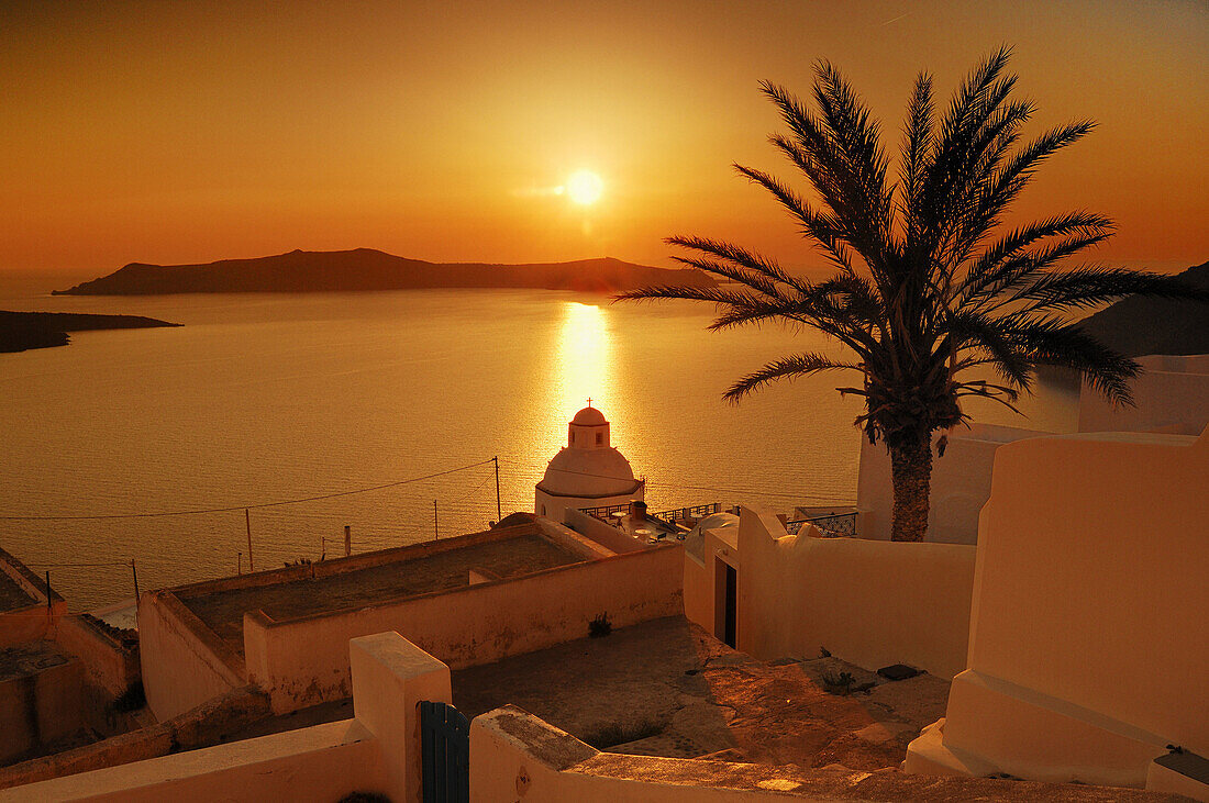 Baum, Dessen, Die insel, Griechenland, Krater, Palme, Santorin, Santorini, Sonnenuntergang, Sonnenuntergänge, Thera, Thira, N45-764371, agefotostock