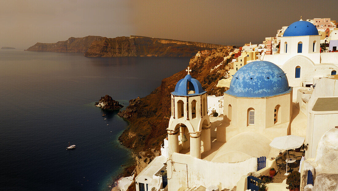 Blue, Churches, Crater, Domed, Greece, Island, Of, Oia, Oía, Santorini, Thera, Thira, Town, N45-764379, agefotostock