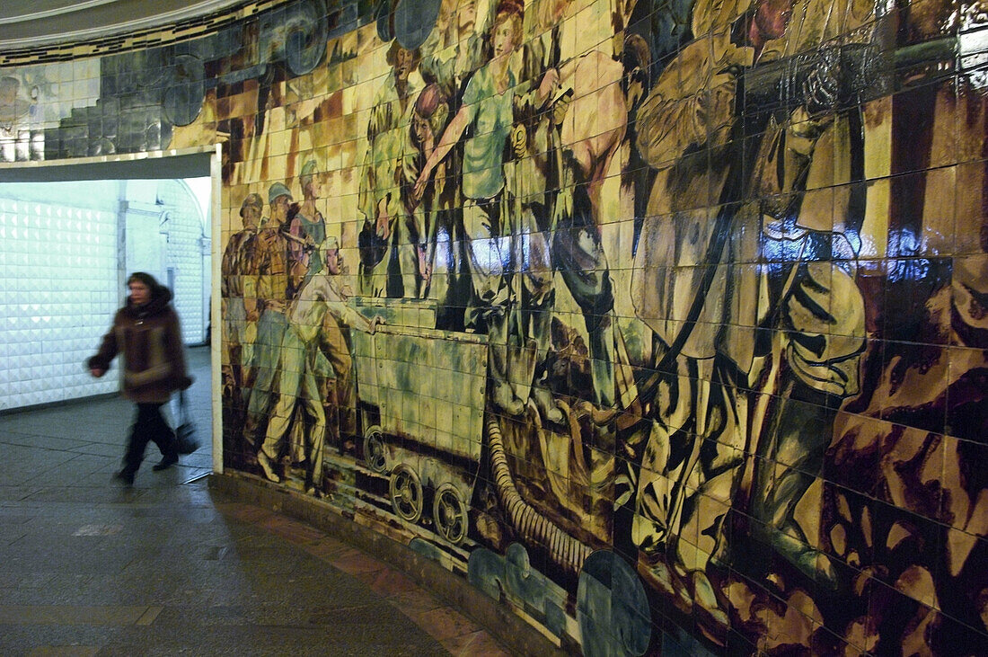 Murals depicting the construction of The Metro at Komsomolskaya, Moscow, Russian Federation