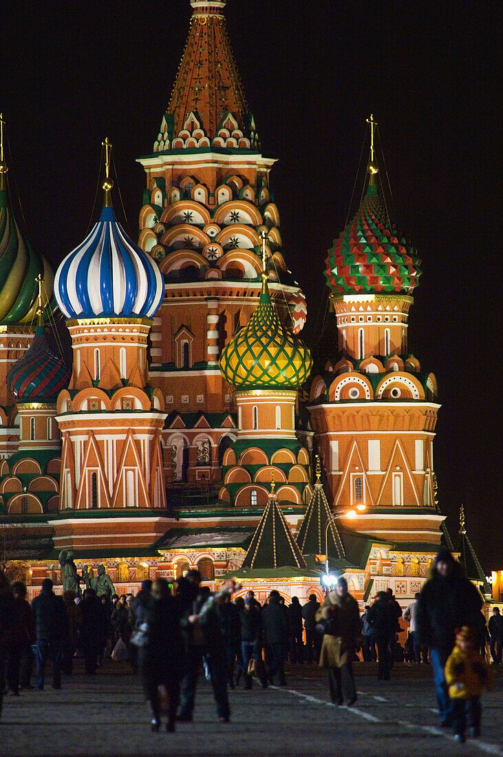 St Basils cathedral at night, Red Square, Moscow, Russian Federation