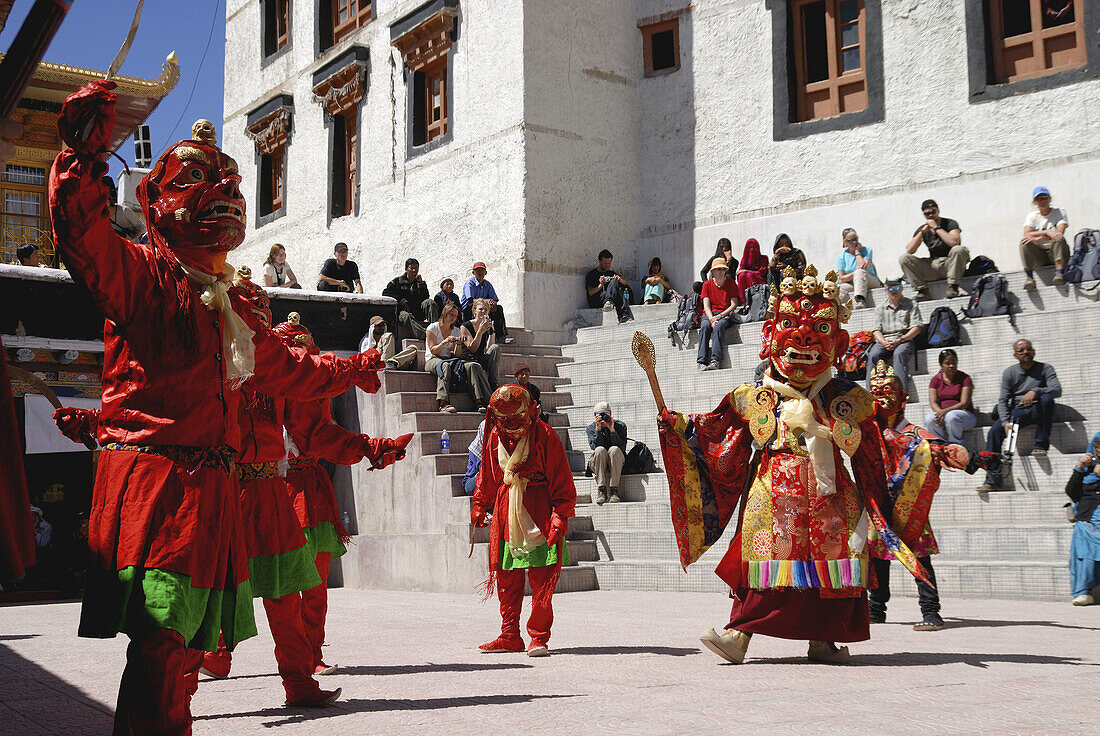 At the many monastery festivals in Ladakh the victory of Buddhism over other evil religions is beiing told Danvers perform their ceremonys ba waering big wooden masks