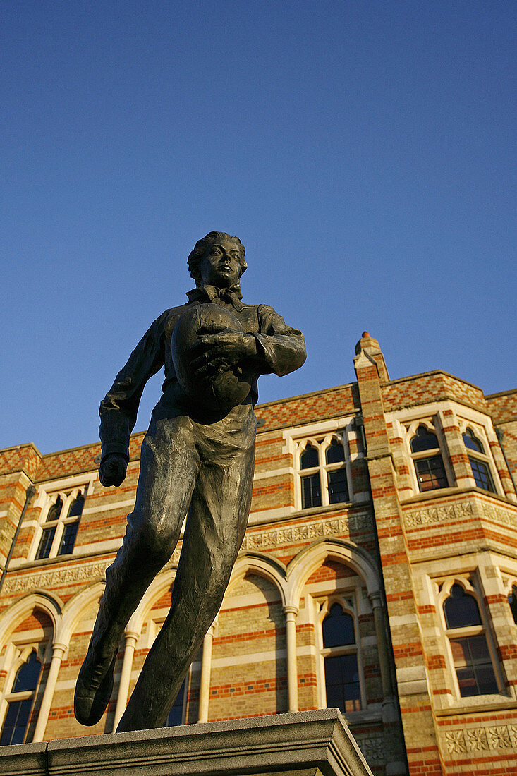 Statue of William Webb Ellis outside Rugby School, Rugby, Warwickshire, England, UK
