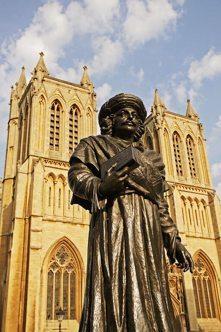 The Cathedral Church of the Holy and Undivided Trinity with the statue of Rajah Rammohun Roy, Bristol, England, UK