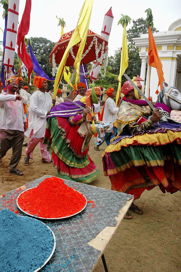 Panjim Goa, India, figurants marching at Holi feast parade