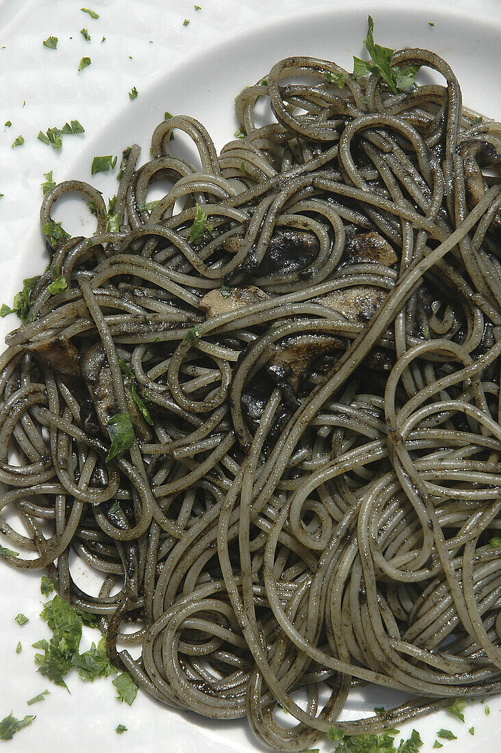 Venice Italy, spaghetti al nero di seppia cuttle-fish