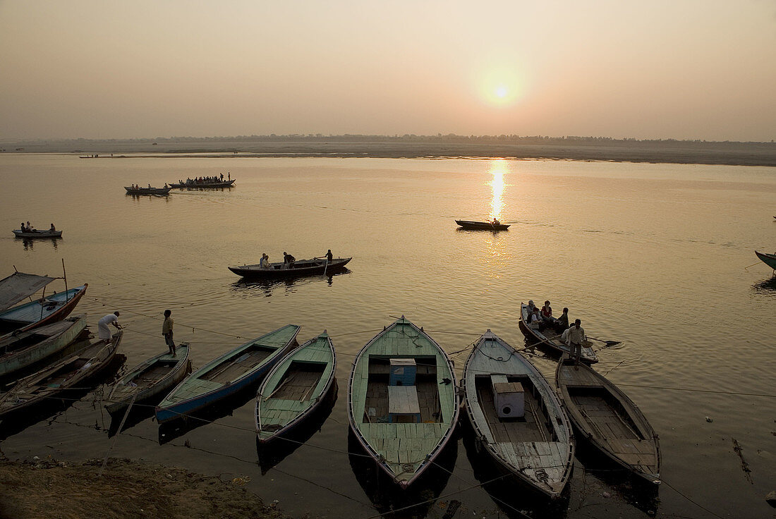 Boats on the Ganges River at Sunrise, Varanasi, Uttar Pradesh, India