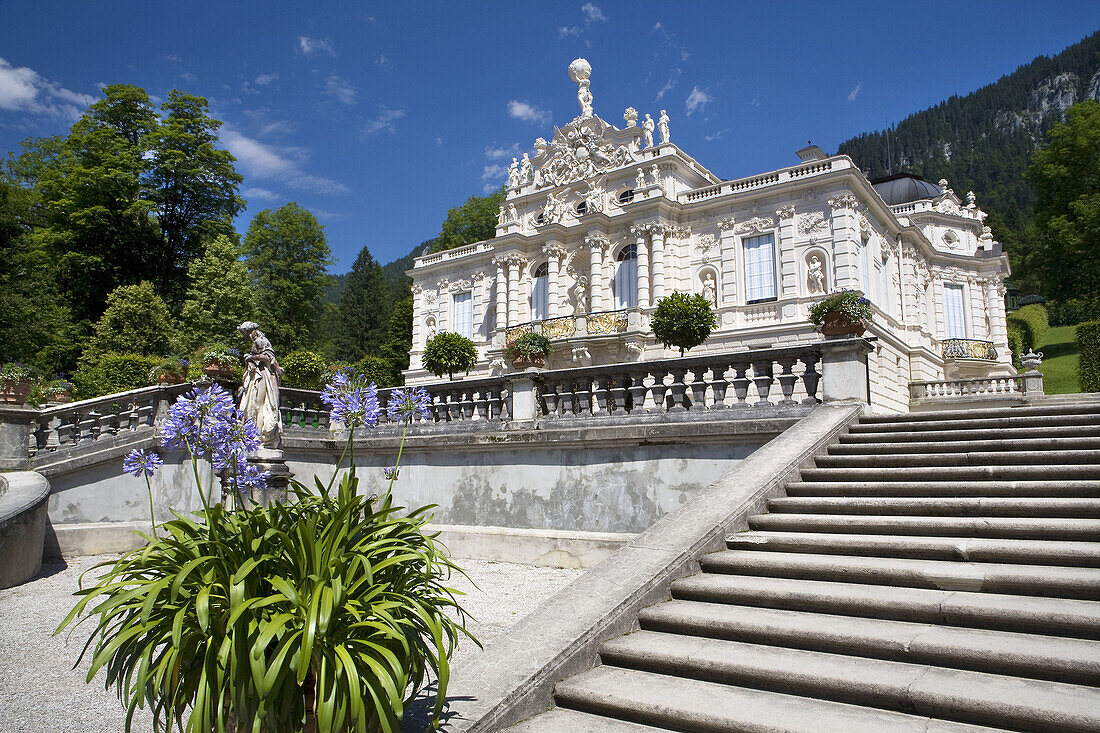 Linderhof Castle, in the nineteenth century, commissioned by Ludwig II of Bavaria. Bavaria, Germany, Europe.