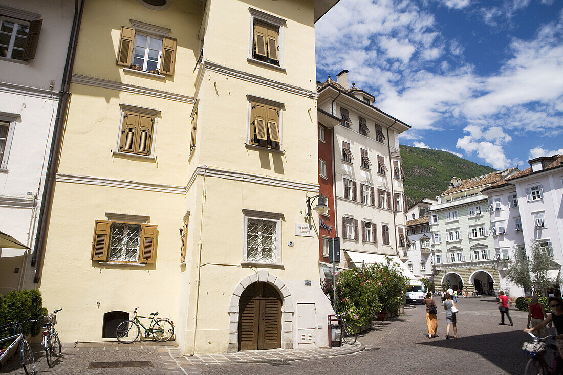 Pedestrian streets of the old town of Bolzano, Italy. Europe.