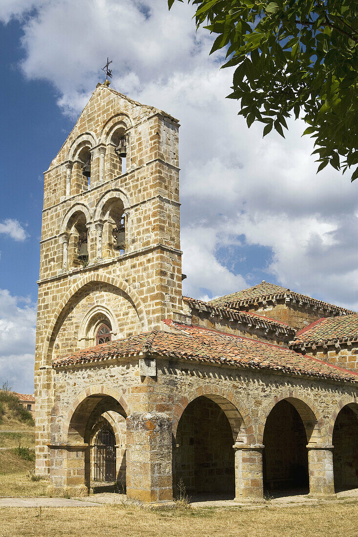 Romanesque church or Collegiate of San Salvador de Cantamuda, belonging to the municipality of La Pernía, in the Parque Natural de Fuentes Carrionas y Fuente de Cobre, in Palencia, Castilla y León, Spain, Europe.