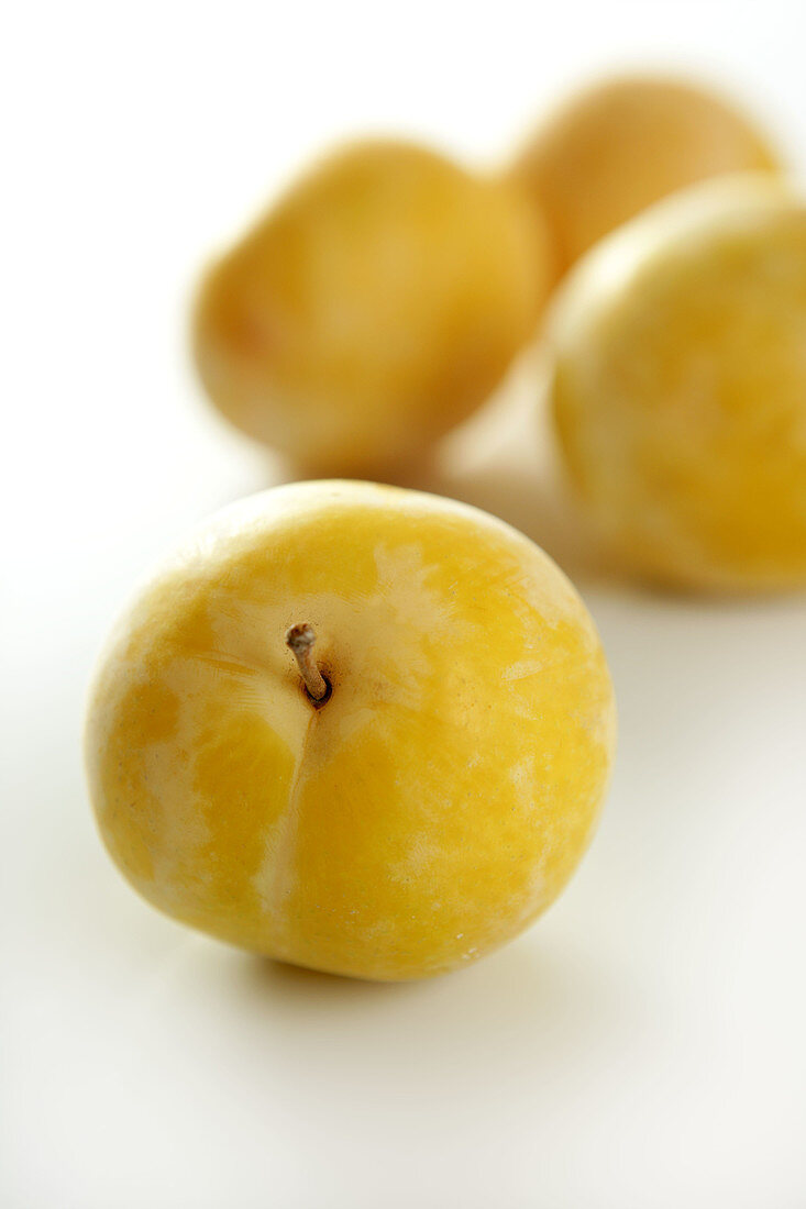 Close up of yellow Mirabelles on white background