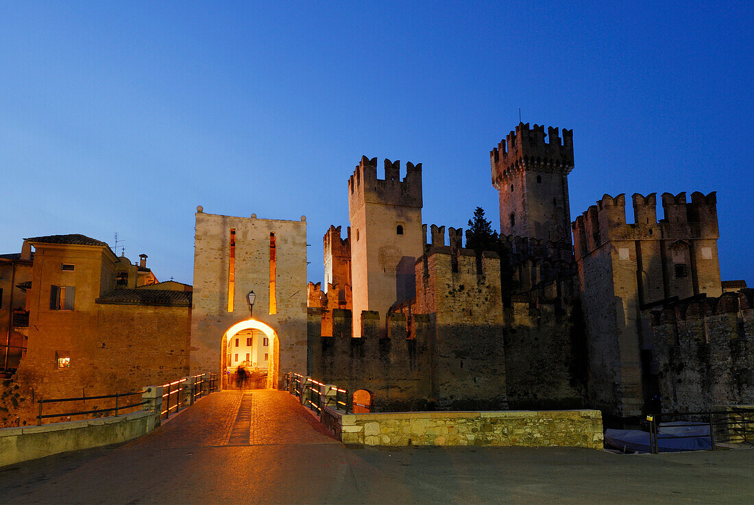 Illuminated Castello Scaligero, Sirmione, Lombardy, Italy